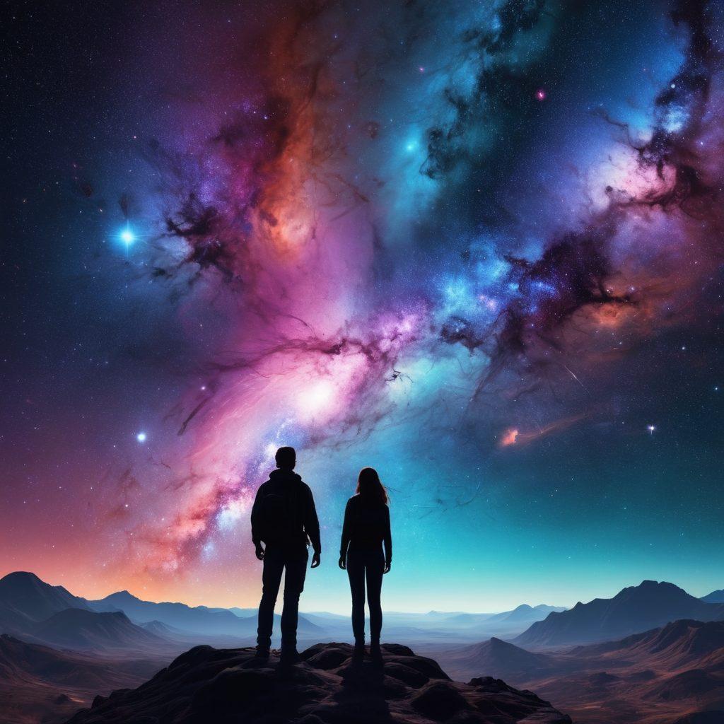 A breathtaking cosmic landscape featuring swirling galaxies, nebulae in vibrant colors, and a starry sky filled with shooting stars. In the foreground, a silhouette of a traveler gazes up in awe, with a glowing map of the universe in hand. The scene should capture a sense of wonder and adventure, inviting the viewer to imagine the infinite possibilities of the universe. super-realistic. vibrant colors. 3D.