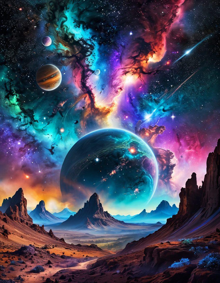 A stunning cosmic landscape featuring diverse celestial domains, each uniquely distinct with vibrant colors and textures, representing various regions beyond our imagination. Incorporate swirling galaxies, nebulae bursting with colorful gases, and strange planets with unusual characteristics. Add a starry sky filled with twinkling stars and ethereal lights to evoke wonder and curiosity. Include a futuristic spaceship in the foreground exploring these domains. digital painting. vibrant colors. cosmic theme.