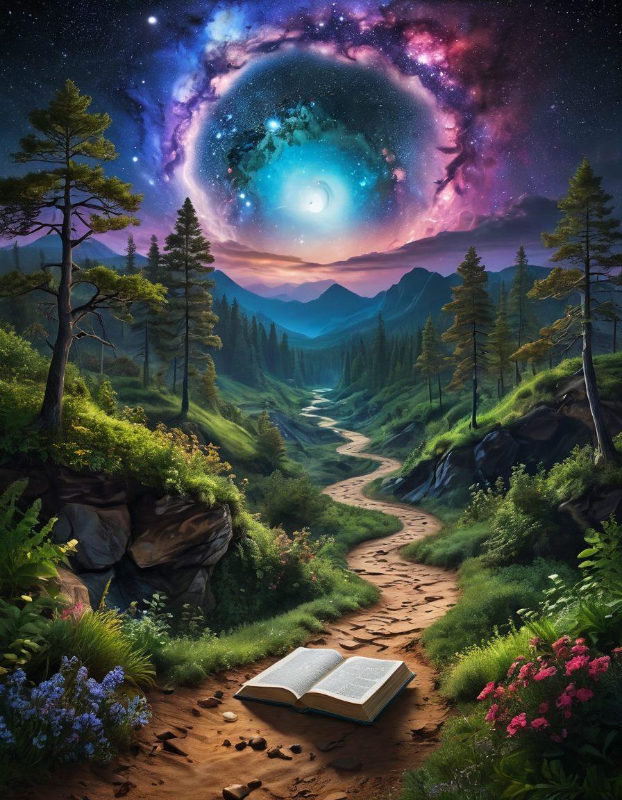 A mesmerizing landscape depicting a winding path through diverse terrains, transitioning from lush local forests to vast cosmic expanses with swirling galaxies. Include symbolic markers along the path representing life’s milestones, such as a compass, an open book, and silhouettes of individuals exploring. Atmospheric lighting conveys a sense of wonder and exploration. surrealism. vibrant colors. 3D.